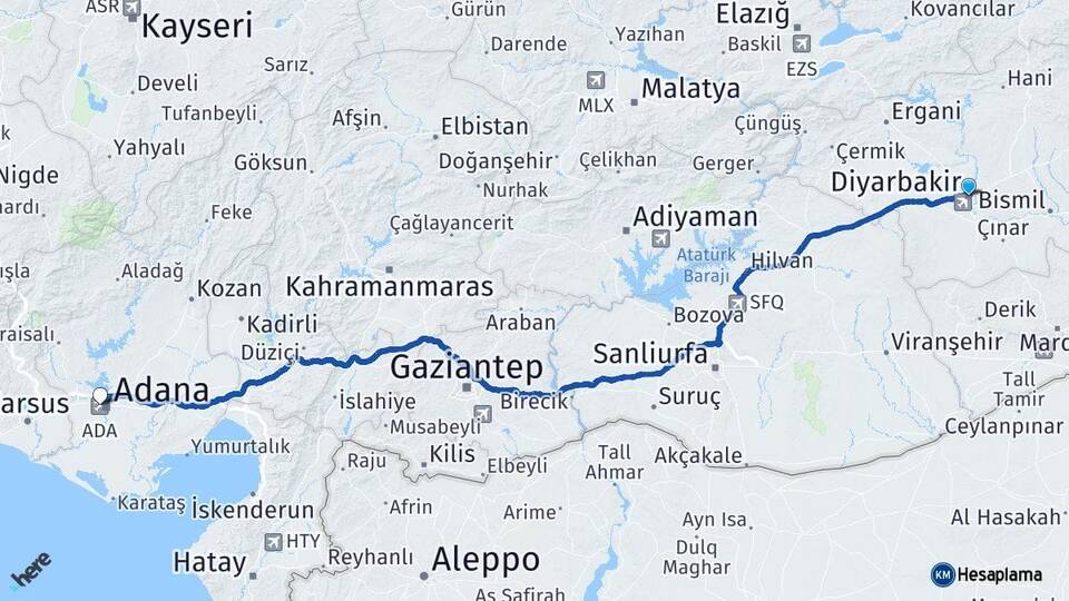 Diyarbakır Adana Havalimanı Arası Kaç Km - Yol Haritası