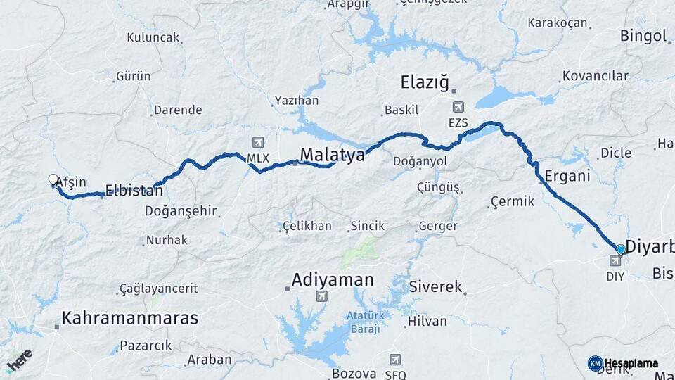 Diyarbakır Afşin Kahramanmaraş Arası Kaç Km - Yol Haritası
