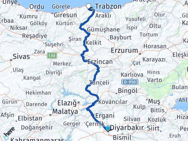 Diyarbakır Akçaabat Trabzon Arası Kaç Km - Yol Haritası