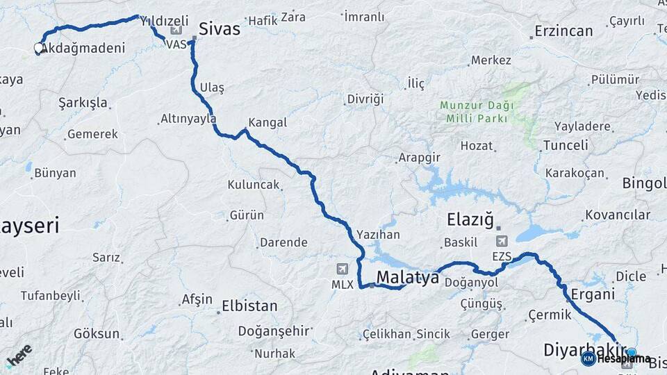 Diyarbakır Akdağmadeni Yozgat Arası Kaç Km - Yol Haritası