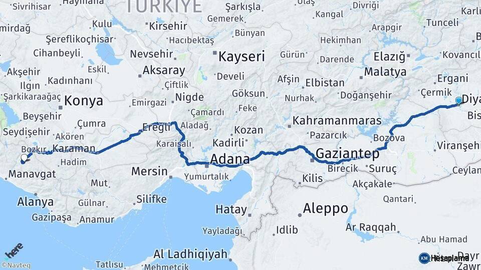 Diyarbakır Akseki Antalya Arası Kaç Km - Yol Haritası