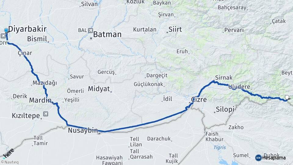 Diyarbakır Andaç Uludere Şırnak Arası Kaç Km - Yol Haritası
