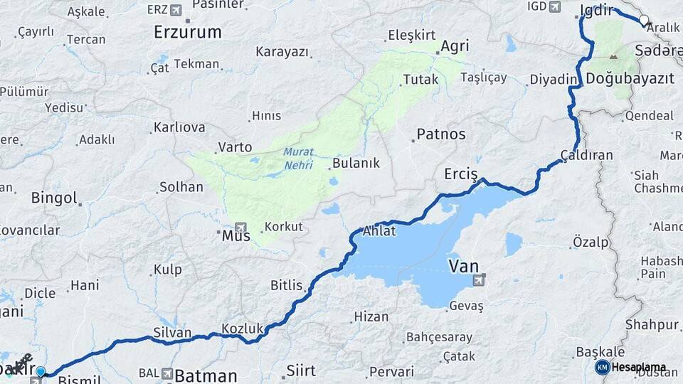 Diyarbakır Aralık Iğdır Arası Kaç Km - Yol Haritası
