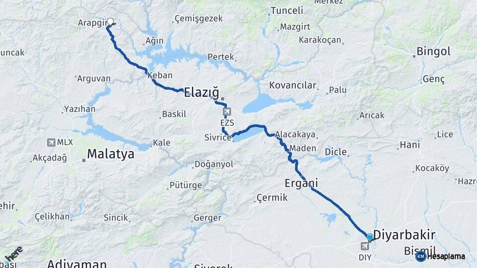 Diyarbakır Arapgir Malatya Arası Kaç Km - Yol Haritası