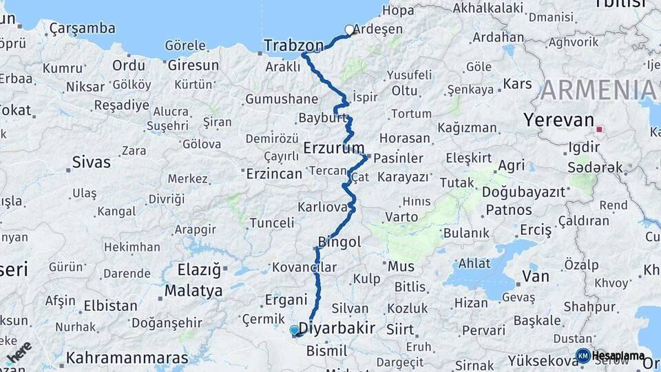 Diyarbakır Ardeşen Rize Arası Kaç Km - Yol Haritası