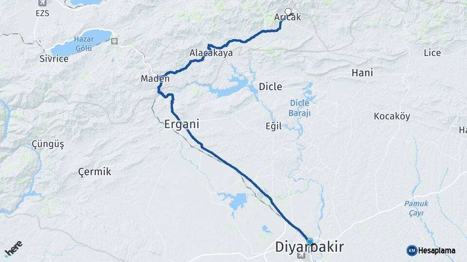 Diyarbakır Arıcak Elazığ Arası Kaç Km - Yol Haritası