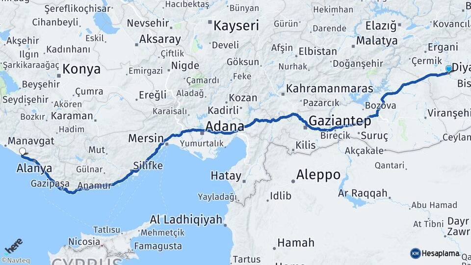 Diyarbakır Avsallar Alanya Antalya Arası Kaç Km - Yol Haritası