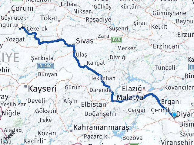 Diyarbakır Aydıncık Yozgat Arası Kaç Km - Yol Haritası