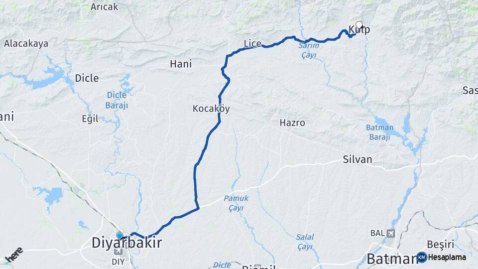 Diyarbakır Bağlar Kulp Arası Kaç Km - Yol Haritası