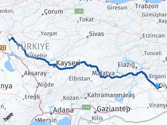 Diyarbakır Bahşili Kırıkkale Arası Kaç Km - Yol Haritası