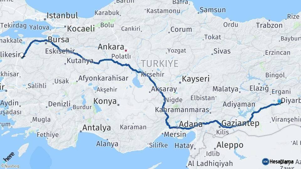 Diyarbakır Balıkesir Arası Kaç Km - Yol Haritası