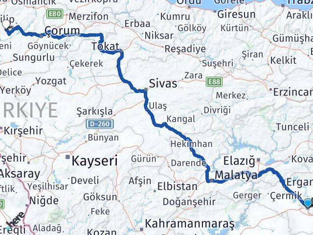 Diyarbakır Bayat Çorum Arası Kaç Km - Yol Haritası