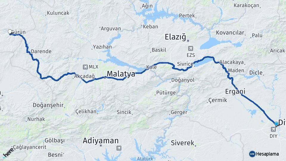Diyarbakır Bingöl Havalimanı Arası Kaç Km - Yol Haritası