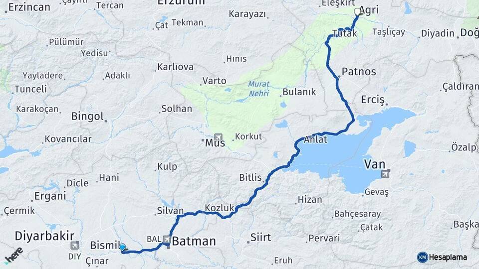 Diyarbakır Bismil Ağrı Arası Kaç Km - Yol Haritası