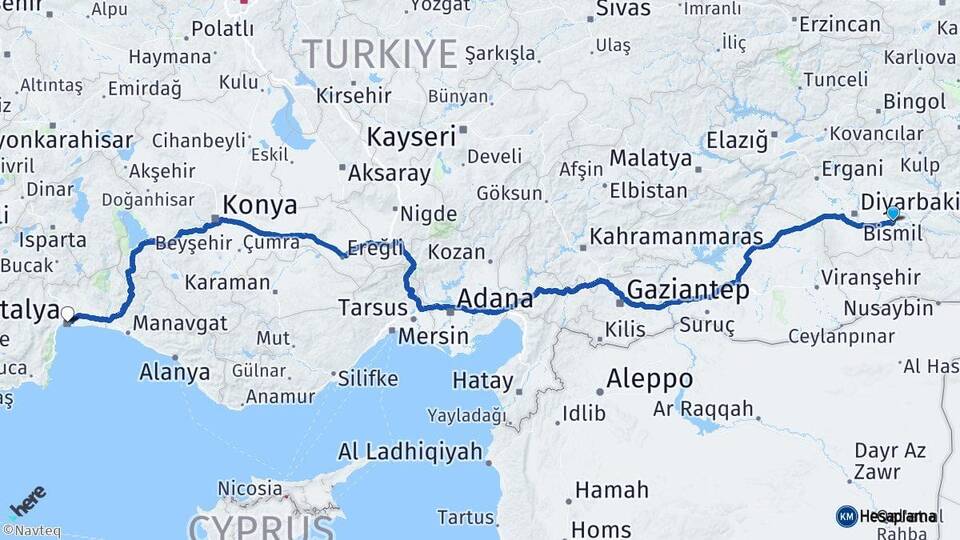 Diyarbakır Bismil Antalya Arası Kaç Km - Yol Haritası