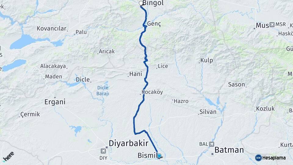 Diyarbakır Bismil Bingöl Arası Kaç Km - Yol Haritası