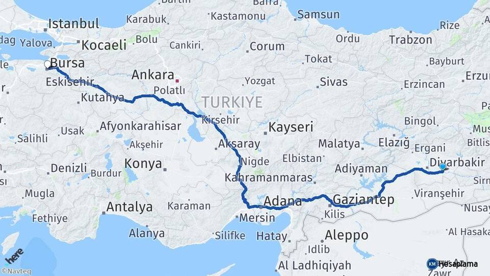 Diyarbakır Bismil Bursa Arası Kaç Km - Yol Haritası