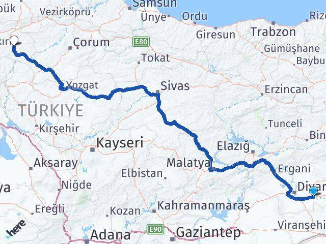 Diyarbakır Bismil Çankırı Arası Kaç Km - Yol Haritası