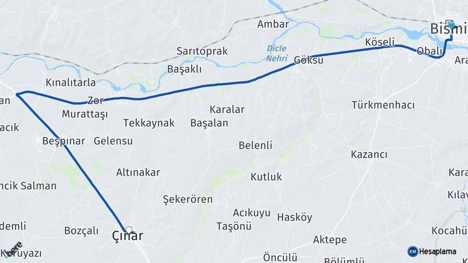 Diyarbakır Bismil Çınar Arası Kaç Km - Yol Haritası