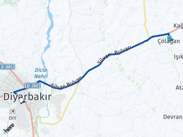 Çölağan Diyarbakır Havalimanı Arası Kaç Km - Yol Tarifi