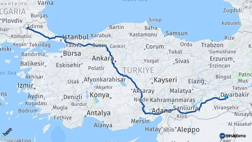 Diyarbakır Bismil Edirne Arası Kaç Km - Yol Haritası
