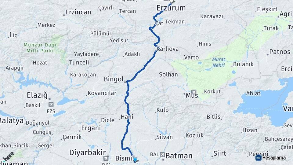 Diyarbakır Bismil Erzurum Arası Kaç Km - Yol Haritası
