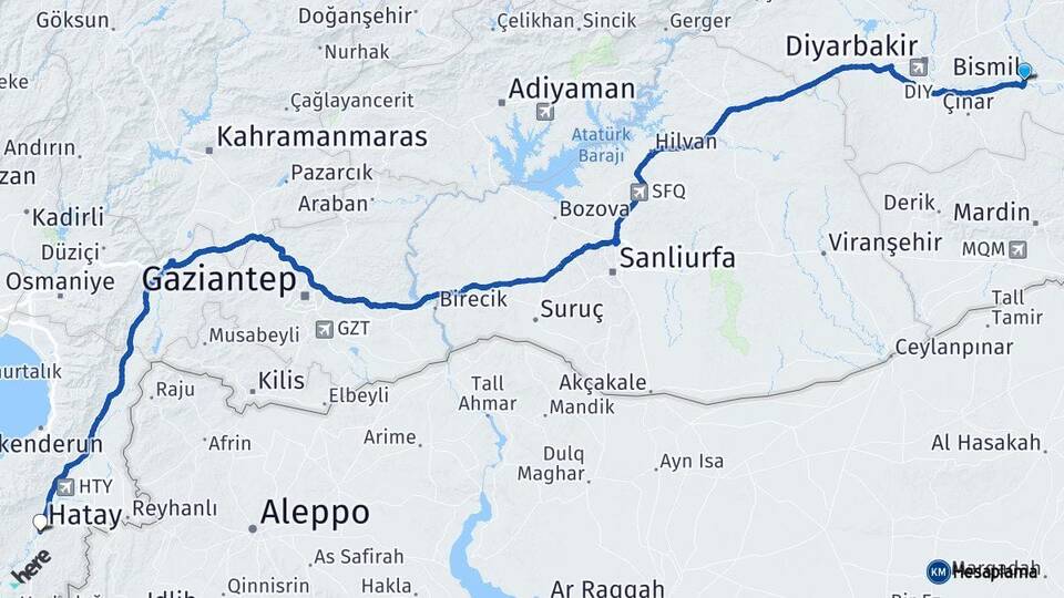 Diyarbakır Bismil Hatay Arası Kaç Km - Yol Haritası