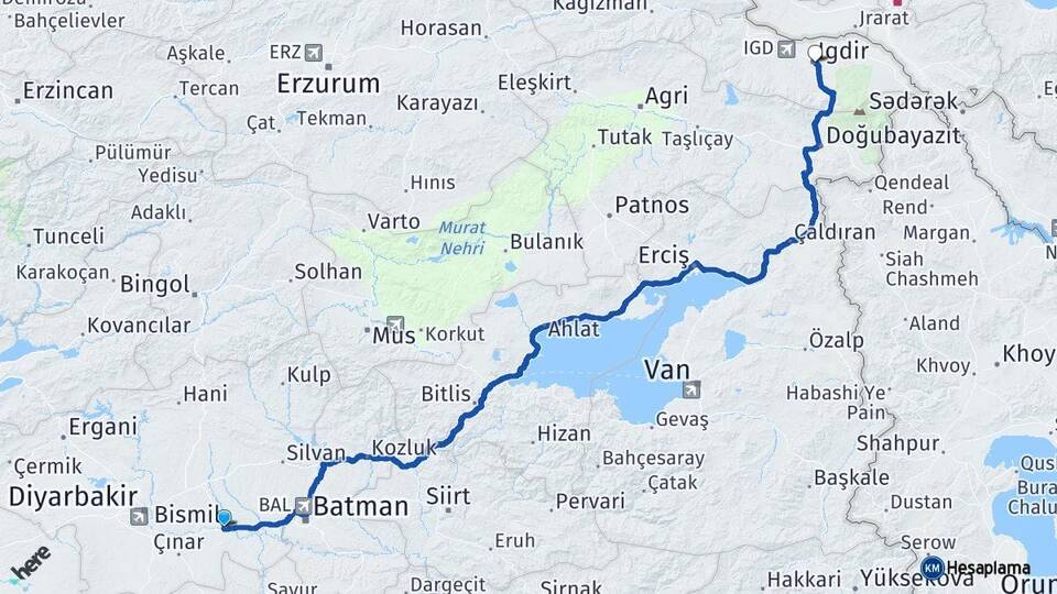 Diyarbakır Bismil Iğdır Arası Kaç Km - Yol Haritası