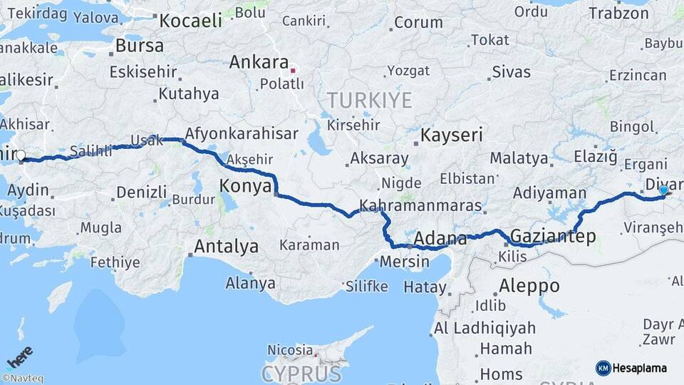 Diyarbakır Bismil İzmir Arası Kaç Km - Yol Haritası