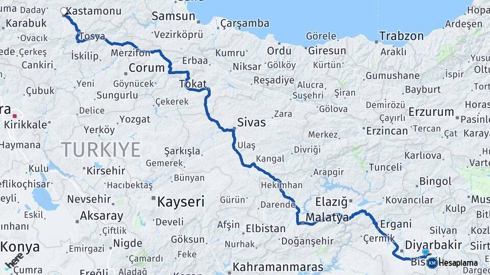 Diyarbakır Bismil Kastamonu Arası Kaç Km - Yol Haritası
