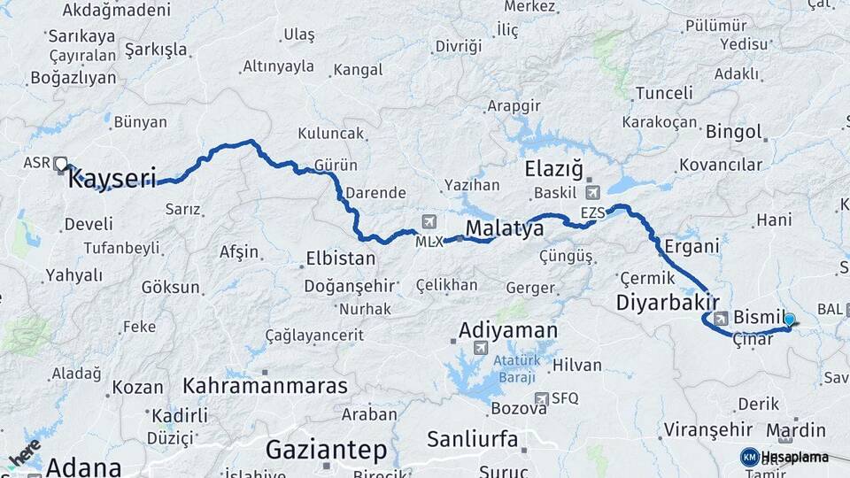 Diyarbakır Bismil Kayseri Arası Kaç Km - Yol Haritası