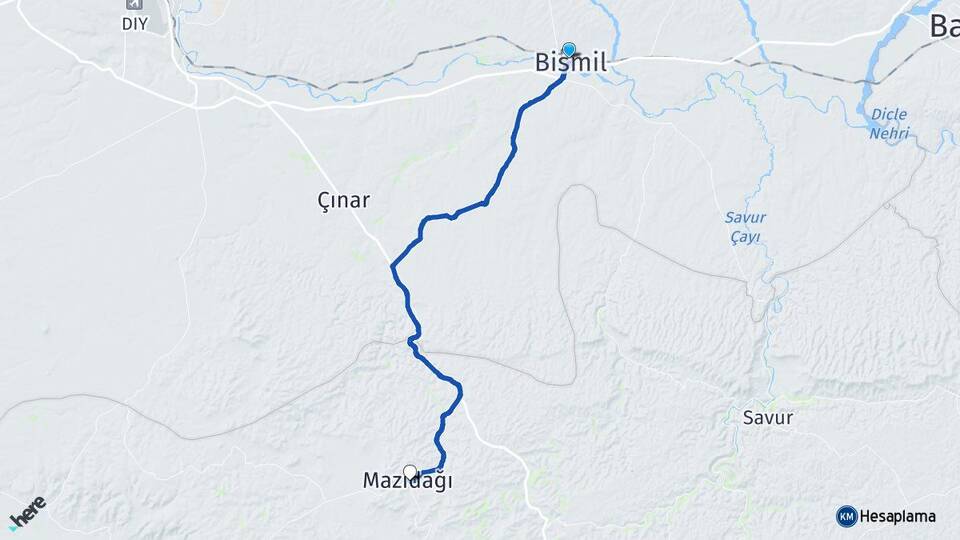 Diyarbakır Bismil Mazıdağı Mardin Arası Kaç Km - Yol Haritası