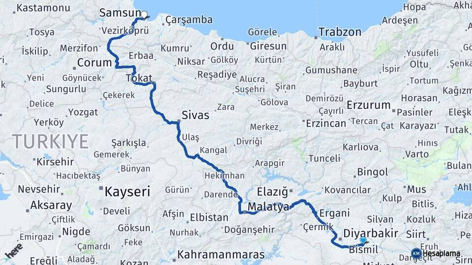 Diyarbakır Bismil Samsun Arası Kaç Km - Yol Haritası