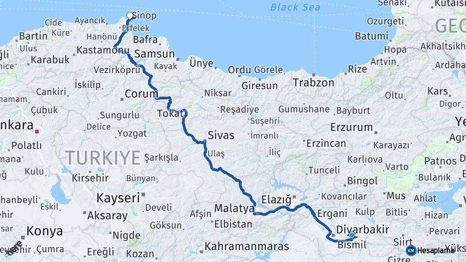 Diyarbakır Bismil Sinop Arası Kaç Km - Yol Haritası