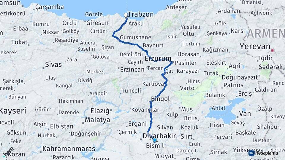 Diyarbakır Bismil Trabzon Arası Kaç Km - Yol Haritası