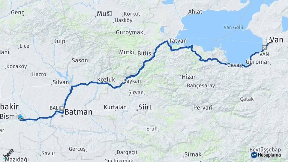 Diyarbakır Bismil Van Arası Kaç Km - Yol Haritası