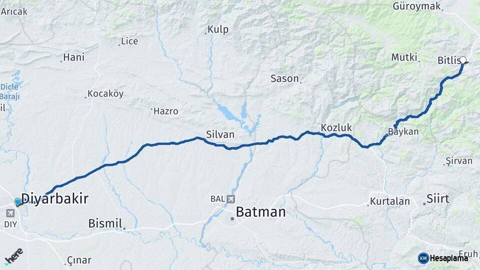 Diyarbakır Bitlis Arası Kaç Km - Yol Haritası