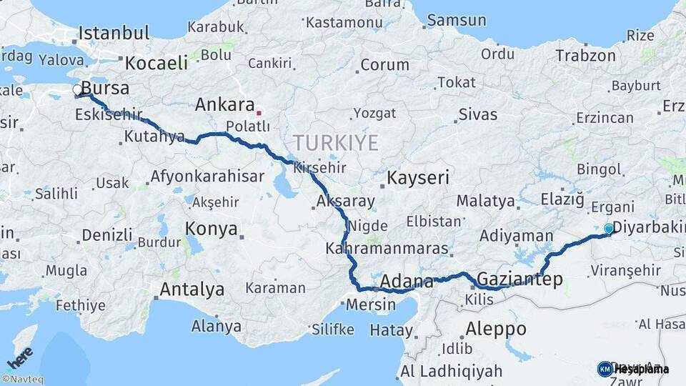 Diyarbakır Bursa Arası Kaç Km - Yol Haritası