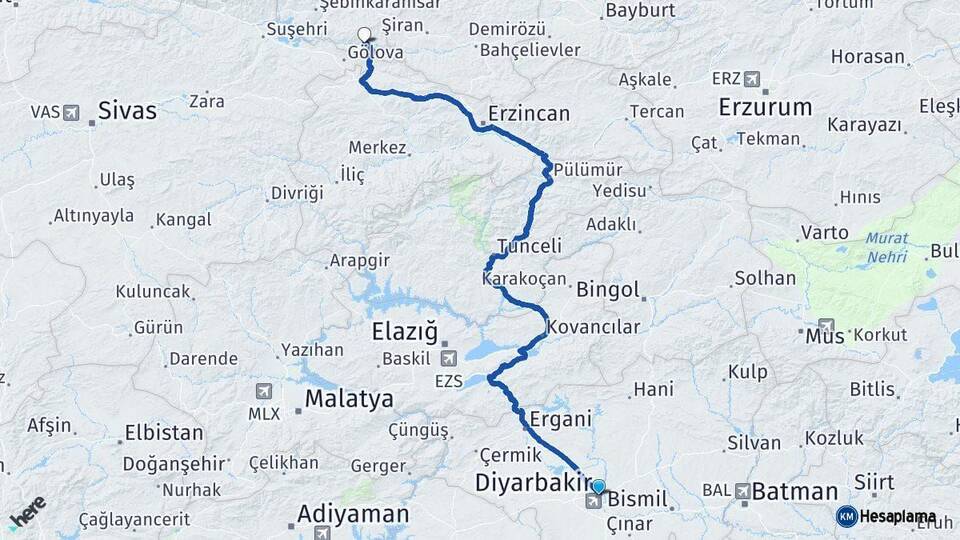 Diyarbakır Çamoluk Giresun Arası Kaç Km - Yol Haritası