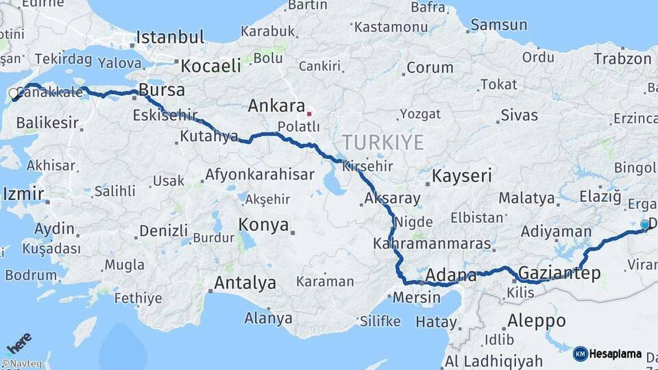 Diyarbakır Çanakkale Arası Kaç Km - Yol Haritası