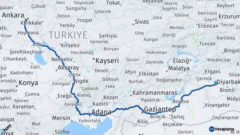 Diyarbakır Çankaya Ankara Arası Kaç Km - Yol Haritası