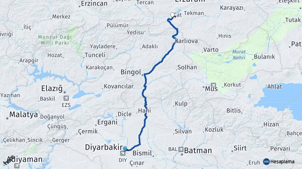 Diyarbakır Çat Erzurum Arası Kaç Km - Yol Haritası