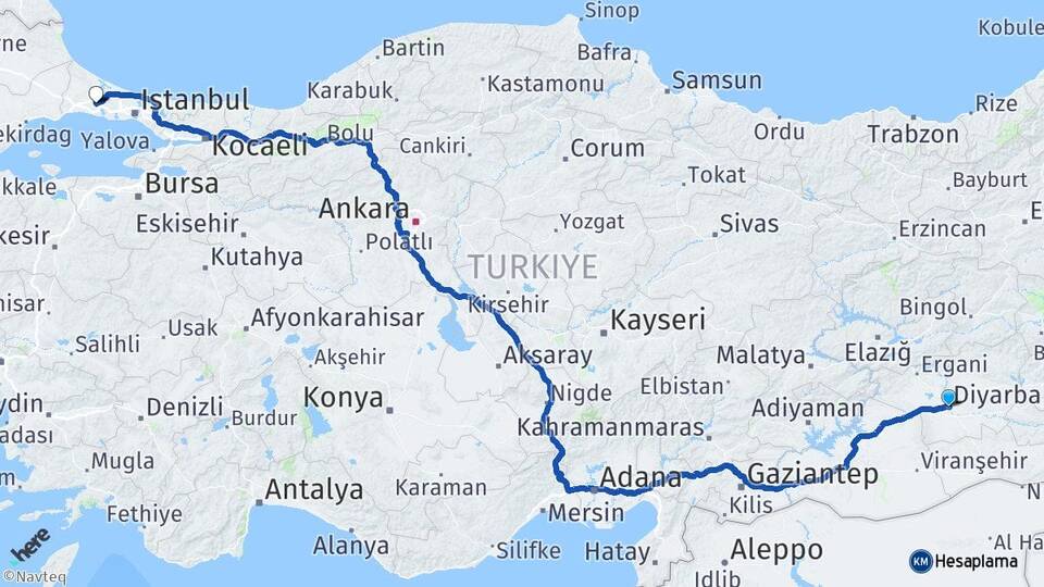 Diyarbakır Çatalca İstanbul Arası Kaç Km - Yol Haritası