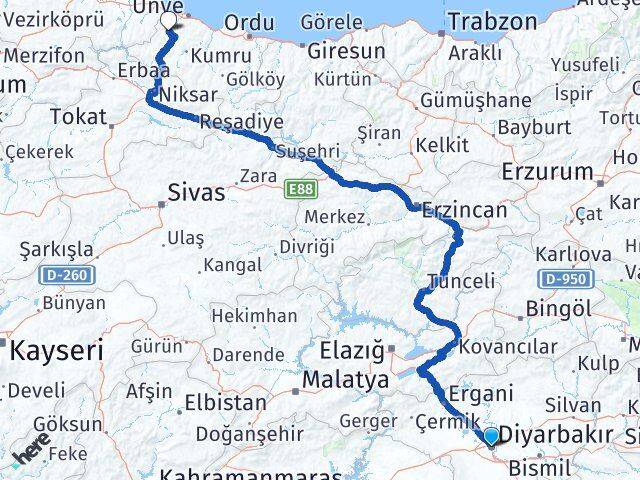 Diyarbakır Çaybaşı Ordu Arası Kaç Km - Yol Haritası