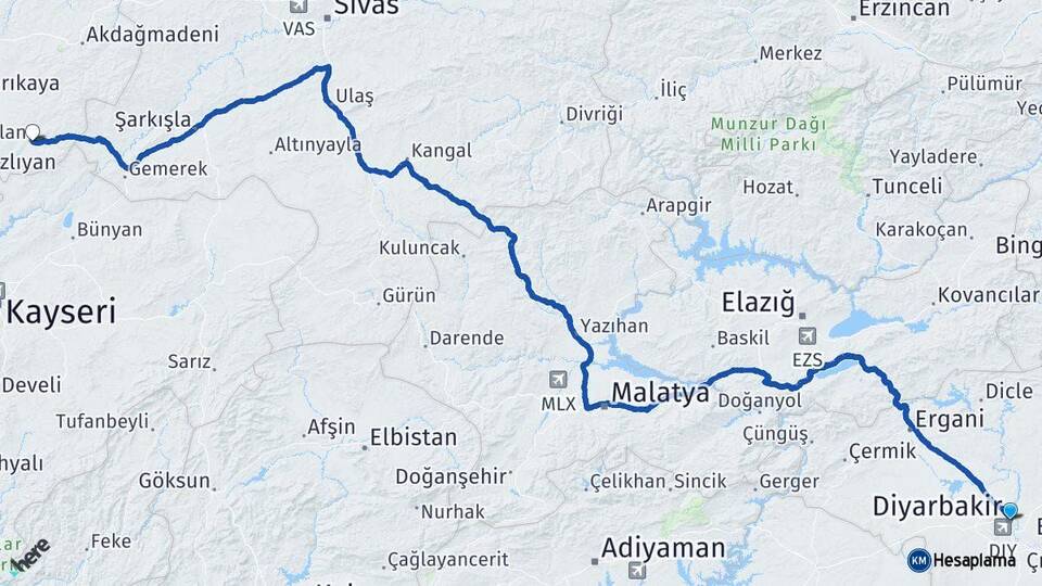 Diyarbakır Çayıralan Yozgat Arası Kaç Km - Yol Haritası