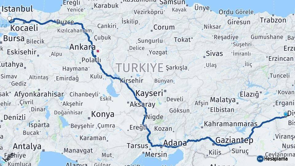 Diyarbakır Çayırova Kocaeli Arası Kaç Km - Yol Haritası