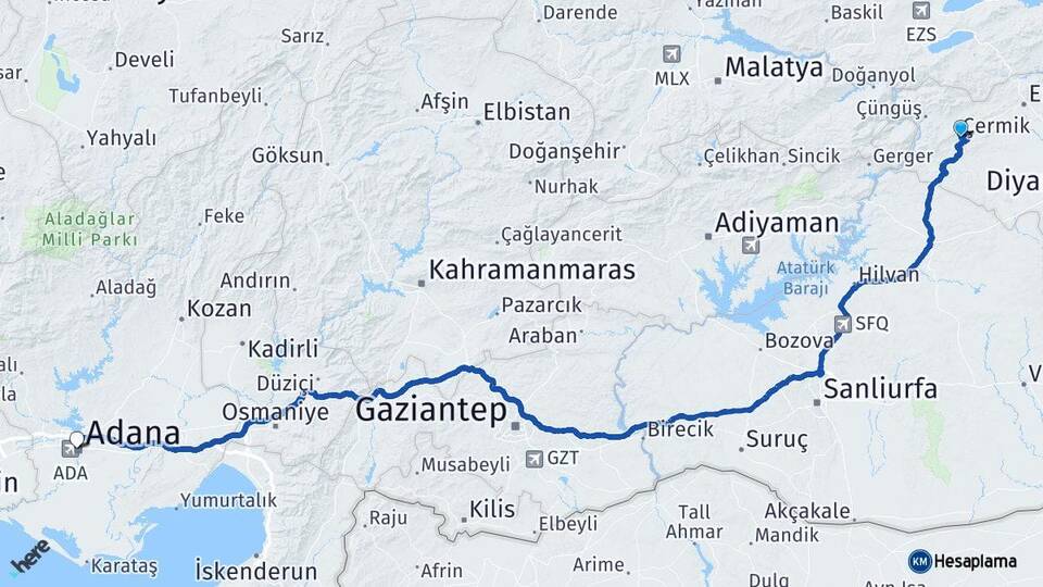 Diyarbakır Çermik Adana Arası Kaç Km - Yol Haritası