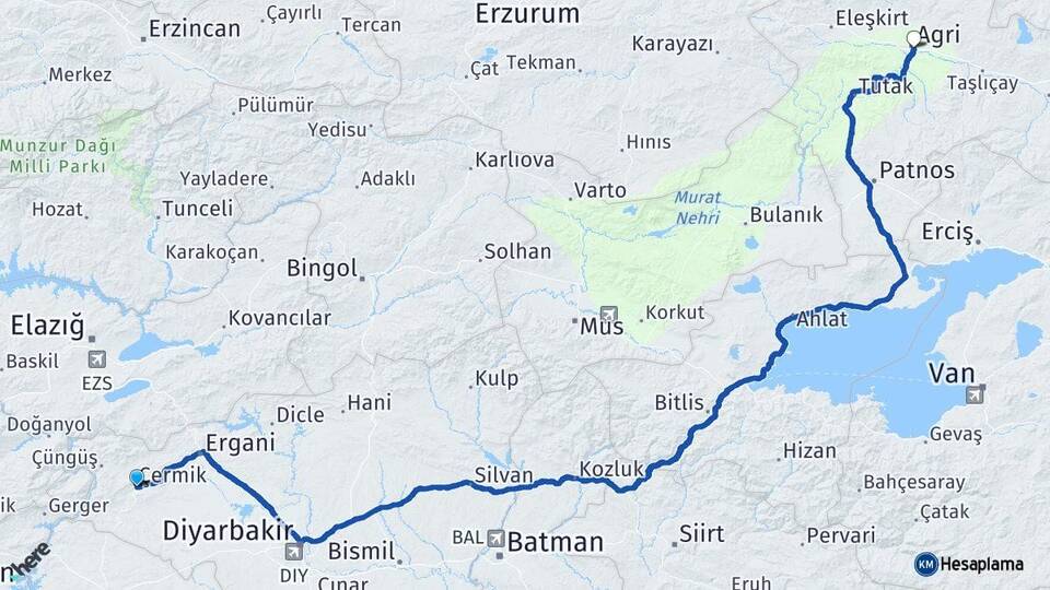 Diyarbakır Çermik Ağrı Arası Kaç Km - Yol Haritası