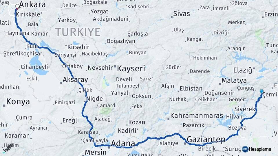 Diyarbakır Çermik Ankara Arası Kaç Km - Yol Haritası