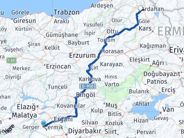Diyarbakır Çermik Ardahan Arası Kaç Km - Yol Haritası